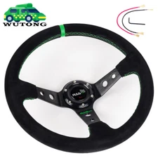 BLACK 345mm/14inch JDM Deep Dish Suede Leather Green Ring Racing Steering Wheel