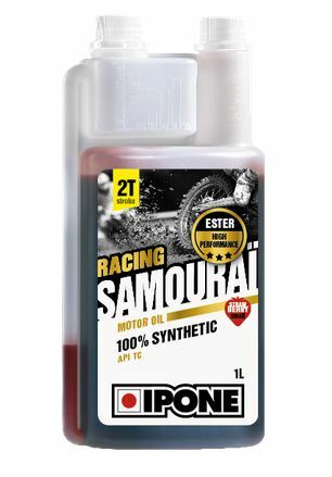 Huile moteur moto 2T Ipone Samourai 100% synthétique parfum fraise 1L pour compétition