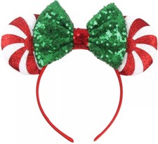 Christmas Red Green Peppermint Candy Minnie Ears Headband Disney Park HANDMADE 