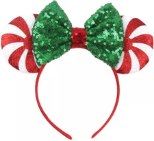 Christmas Red Green Peppermint Candy Minnie Ears Headband Disney Park HANDMADE 