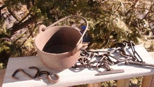 ANTIQUE CAST IRON HANDLED  POT / CAULDRON AND SWIVEL CHAIN WITCHES BEAN  HEARTH
