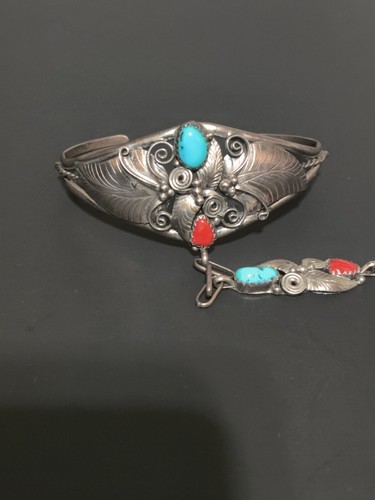 Vintage Native American Turquoise Cuff Slave Bracelet Ring Set Sterling Silver - Picture 4 of 10