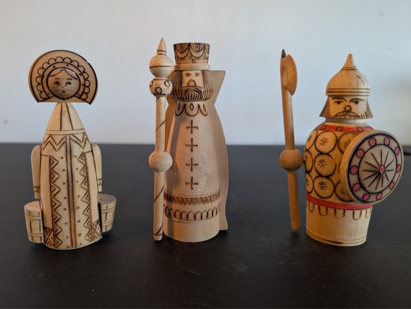 Authentic Vintage Soviet "Beriozka" Wood-Burned Folk Art Figures - Set of 3