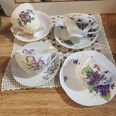 Purples & Pinks Mismatched China Tea Cups & Saucers Tea Party 4 Sets