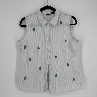 Vintage y2k 90s tank top seersucker womens xL striped frog nature outdoor camp