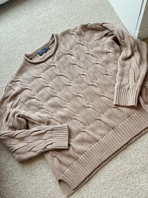 Polo Ralph Lauren Baumwolle Zopfmuster Rollkragen Größe Large 12 UK Pullover beige hellbraun
