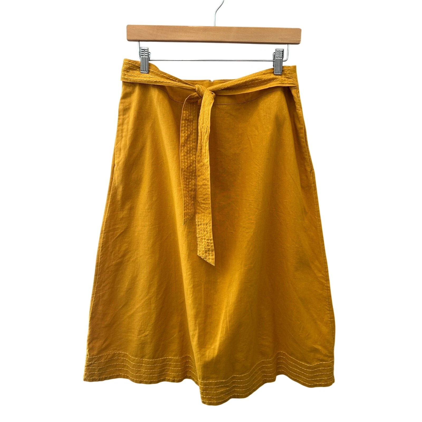 ALFANI Linen Blend Mustard Yellow Tie Waist A-Line Midi Skirt Petite NWT | 12P