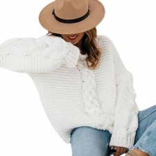 Winter Women Long Sleeve V-neck Sweater Chunky Cable Knit Solid Color Jumper Top