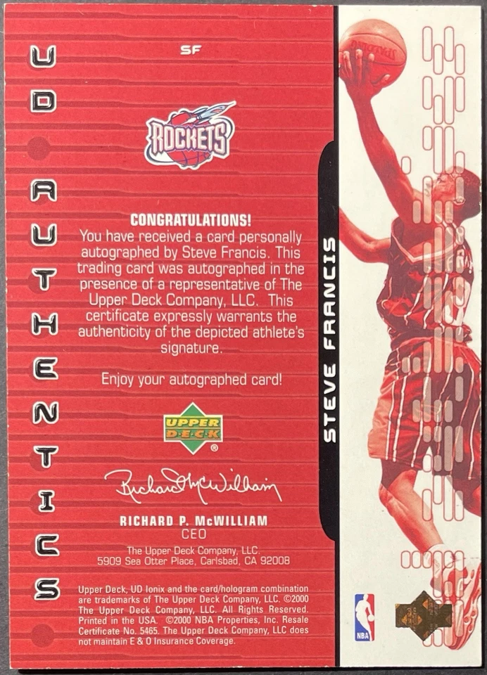 Steve Francis 1999-00 Upper Deck Ionix RC UD Authentics Rookie SP On Card Auto - Image 2 of 2