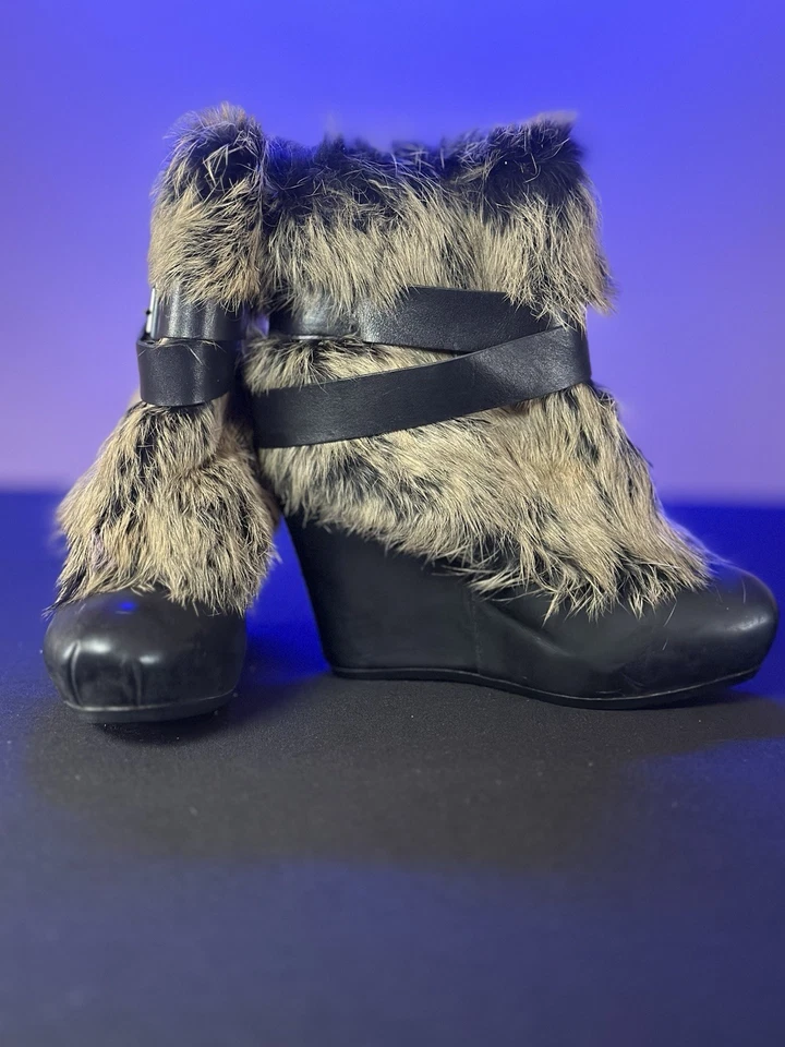 Botines de cuña Ash para mujer de piel de conejo real de cuero negro talla 6 nuevos Foto 2 de 4