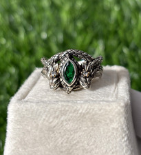 Gothic Snake Ring oxidized Sterling Silver Green Marquise Stone Serpent Jewelry
