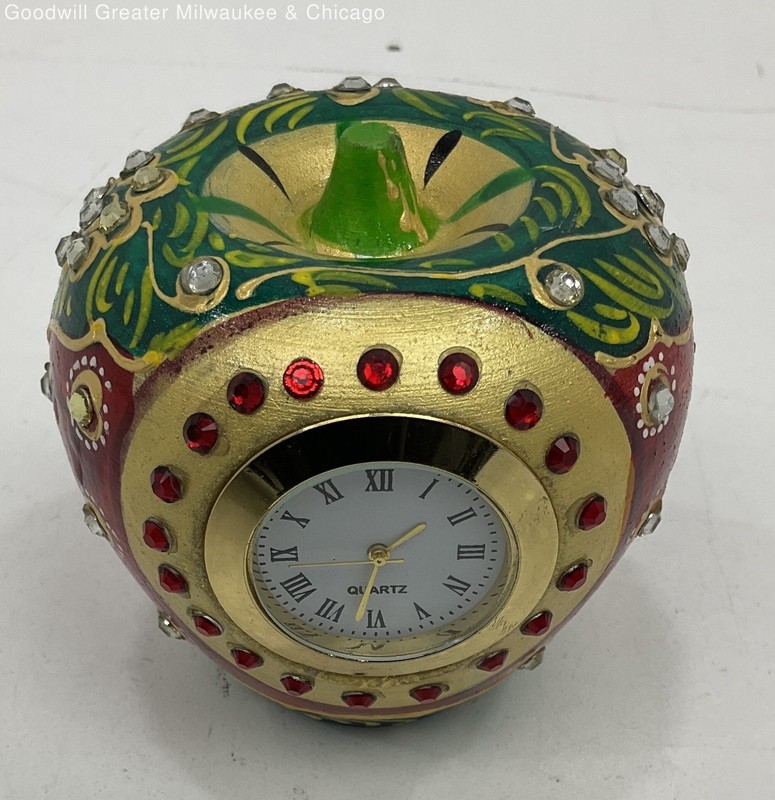 Carved Stone Apple Desk Clock Hand Painted and Embellished