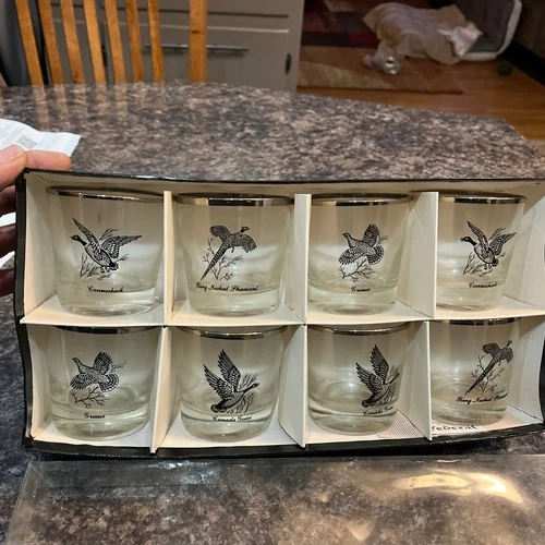 Vintage Set Of 8 Federal Glass Gamer Birds Silver Trim Bar Ware Goose Pheasant