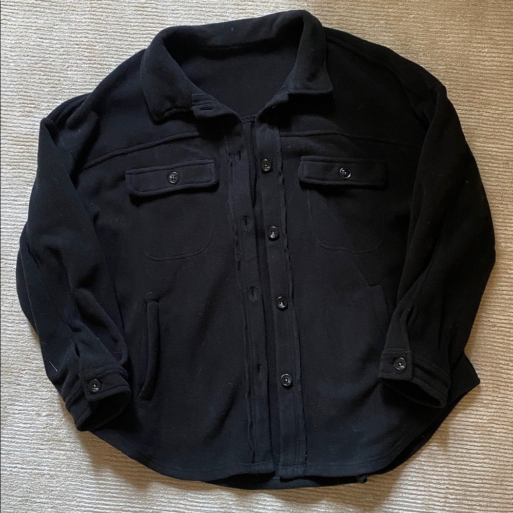 Fleece Black Button Down Overshirt Jacket Size L … - image 1