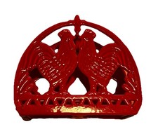 Red Cast Iron Enameled Rooster Napkin Holder - Barnyard Farmhouse Decor chicken 