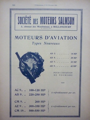 2/1924 PUB SOCIETE DES MOTEURS SALMSON AVIATION DE TOURISME ORIGINAL AD - 第 1/1 張圖片