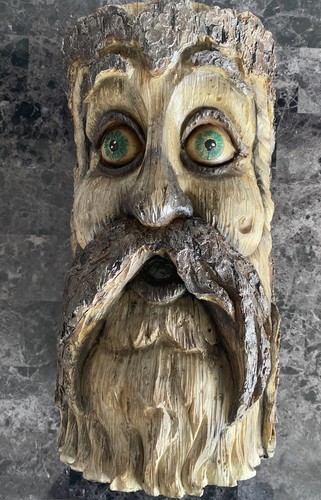 Log Plant Table Spirit Carving Forest Face Tree Wizard Gnome Resin Sculpture Art - Picture 8 of 13