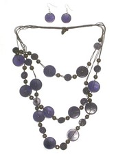 Necklace Earring Set Wood Bead Circle Multi Strand Purple Womens