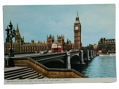 Postcard Westminster Bridge Houses of Parliament London England Double Decker A4