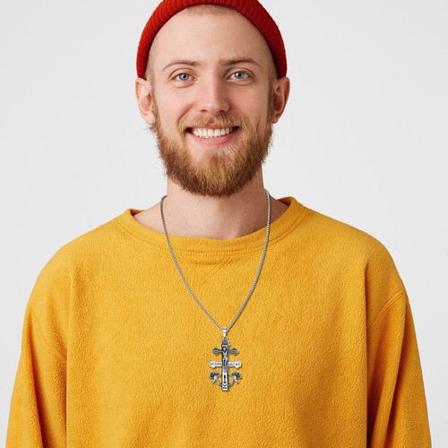 Collar Hombre Religioso Caravaca Doble Cruz con Ángeles Colgante Acero Inoxidable - Imagen 4 de 7