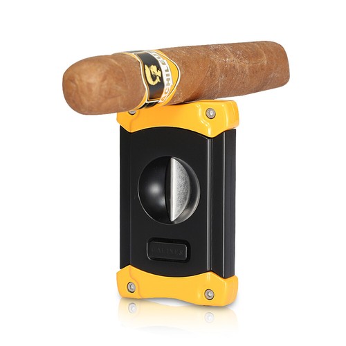 Cortador de cigarros Galiner corte en V con punzón hoja de acero inoxidable soporte negro y amarillo - Imagen 7 de 8