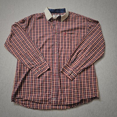 Wrangler Longe Sleeve Male Large Red Plaid PBR Logo  W/ White Collar Button Down
