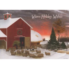 Farm in Winter Red Barn Fence Sheep and Chickens Box of 18 Christmas Cards