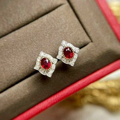 2.00 Ct Oval Cut Red Ruby Push Back Women's Stud Earrings 14k White Gold Finish - Picture 2 of 5