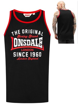 Lonsdale Tank Top Singlet T-Shirt Black Red White Logo 100% Cotton Regular-Fit