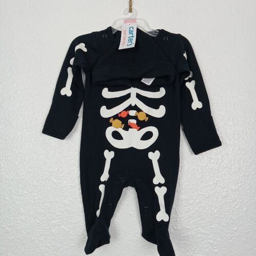 Carters Bodysuit/Hat Outfit Newborn 0M Black Skeleton Footed Romper Halloween