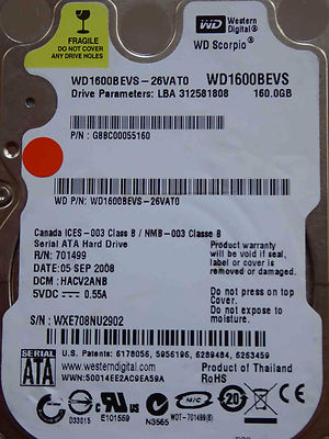 Western Digital WD1600BEVS-26VAT0 / HACV2ANB / 05 SEP 2008 - 160 GB disco rigido