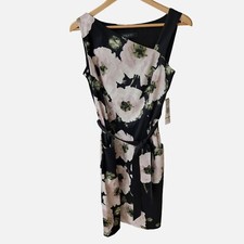 Nine West Black & Ivory Floral Print Dress Asymmetrical Neckline Size 14 With Po