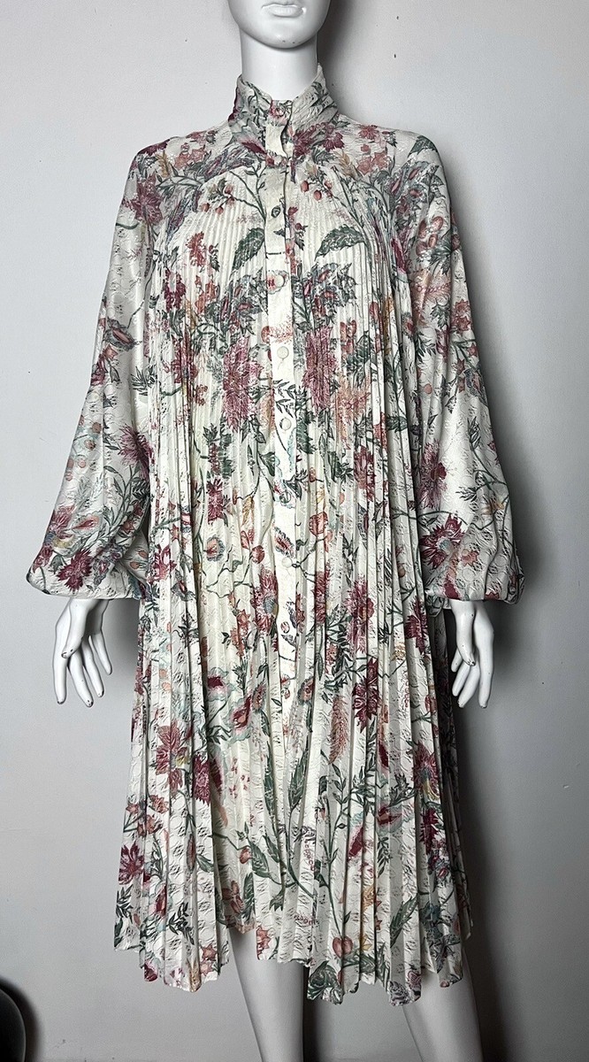 JT Dress Co By Jody Vintage Ivory Floral Long Sleeve Mid Pleated Women's 10 M