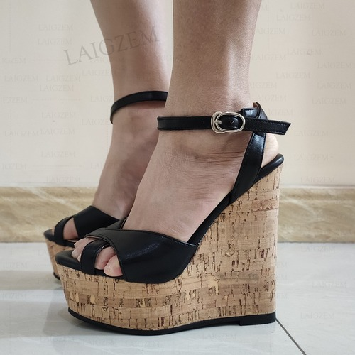 Damen Plateau Keilabsatz Sandalen offene Zehenpartie Knöchelriemen Pumps Höhe Schuhe Übergröße - Bild 10 von 10