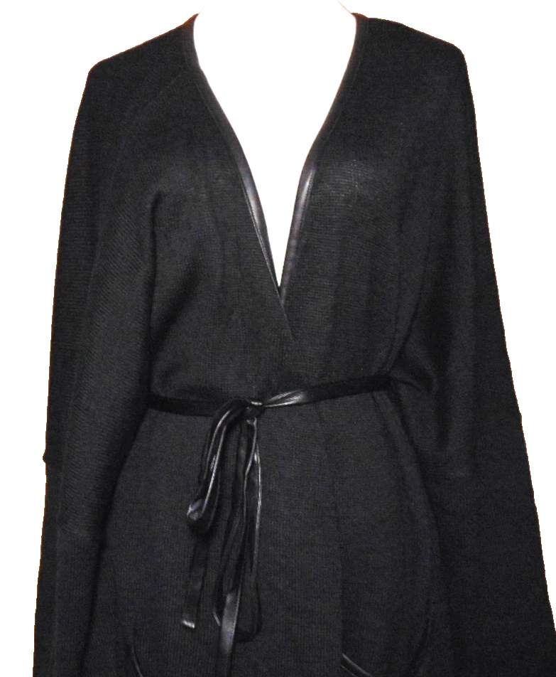 SOFT FOCUS WOMENS BLACK ACRYLIC SWEATER FAUX LEATHER TRIM & BELT CARDIGAN~4X - Image 2 of 4