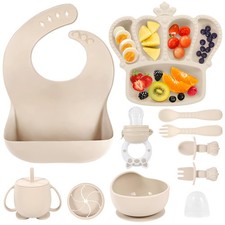 10 PCS Silicone Baby Feeding Set Led Weaning Suction Bowl Plate Bib Sippy Cup