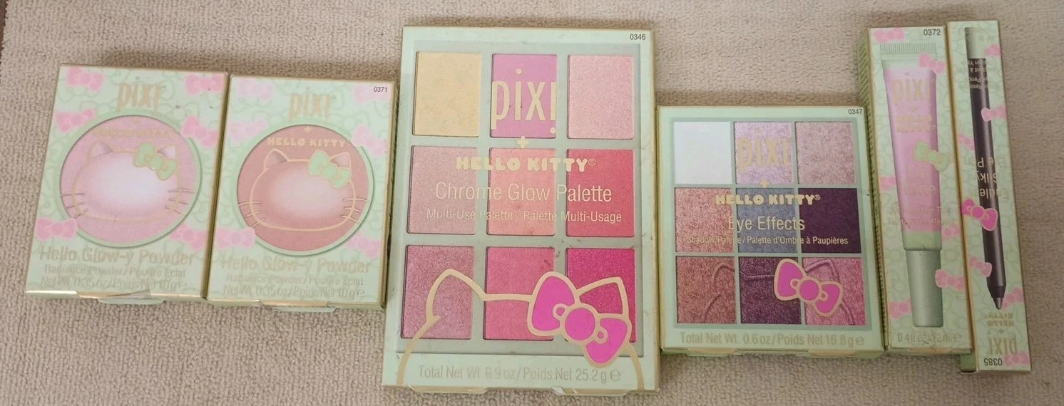 New Pixi Hello Kitty Makeup Kit Set Of 6 Pieces Chrome Palette Eye Effects Glowy