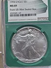 1994 $1 AMERICAN SILVER EAGLE NGC MS69 FROM US MINT SEALED BOX LABEL GREEN CORE