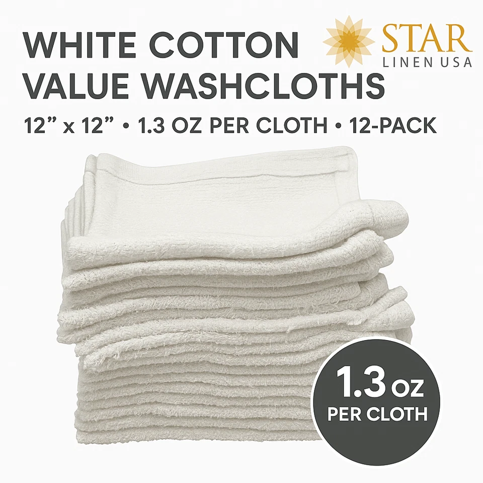 12x12 White Value Washcloths Rags Bath/Craft/Kitchen/Garage/Face 1 LB Per Dozen - Image 2 of 4