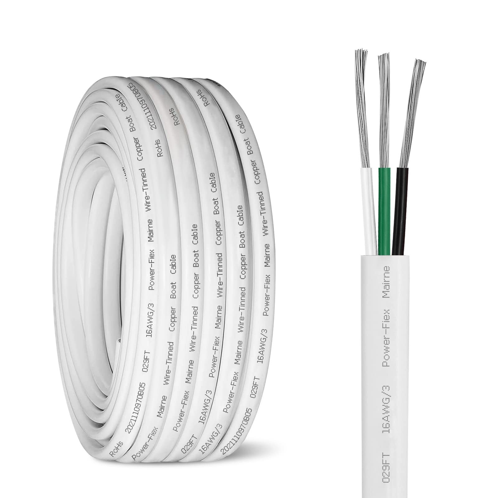 18 Gauge Triplex Marine Wire Tinned Copper Boat Cable, 50ft 18 AWG Standard U...