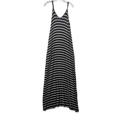 Zenana Premium Black White Striped Maxi Dress V-Neck Adjustable Strap Small
