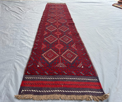 2x12 Authentic Afghan Mushwani Runner   Deep Red & Charcoal Diamond Motifs