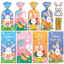 100 Pcs Happy Easter Treat Bags Cute Bunny Cello Candy Goody Gift 4 Styles Twist