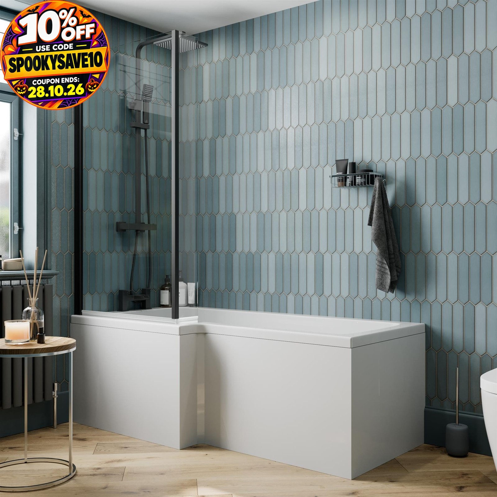Bathroom L Shaped Bath Black Shower Screen Left Hand Front Panel White 1600mm