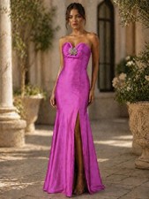 Jovani - Silk Strapless Sweetheart Trumpet Dress With Slit and Bow Back Detail