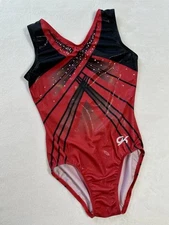 GK ELITE gymnastics Leotard GEOMETRIC Black & Red RHINESTONE Bling TANK Size AXS
