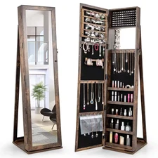 Brown Mirrored Jewelry Cabinet Armoire Lockable Standing Storage Organizer with