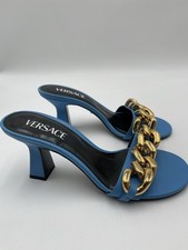 Women’s Versace Medusa Chain mid-heel leather mules in sky blue Size 37