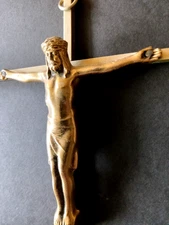 Vintage Brass Metal Wall-Hanging Crucifix - 10" Tall - Unique Distinct Face