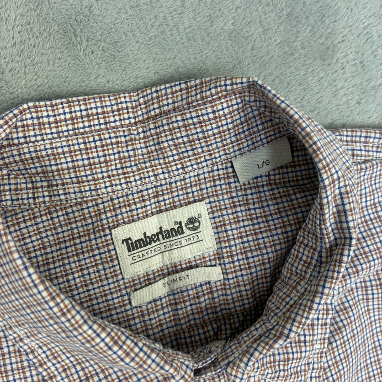 VTG Timberland Brown Navy Micro Check Size Large Slim Fit S/S Button Up Shirt image 4